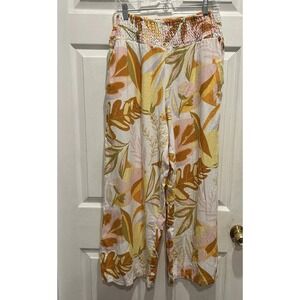 Tahari Womens Large Tropical Floral Linen Blend Smocked Wide Leg Pants Orange L